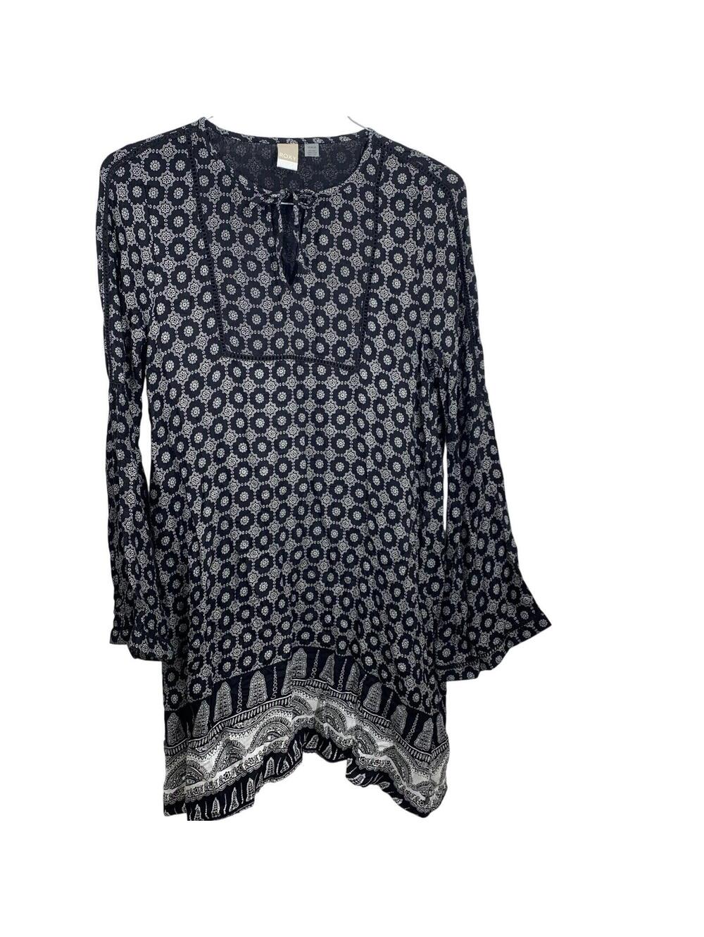 Roxy Tunic Blouse Womens Medium Navy Blue White Boho Bell Sleeve Split Tie Neck